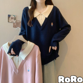寬鬆顯瘦【40.0-100.0公斤】大尺碼 Polo領 假兩件 學院風 上衣 女 減齡 針織毛衣
