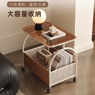 沙發邊桌 小邊櫃 擺件奶油風可移動茶几客廳擺件家用沙發邊幾桌帶輪床頭玻璃擺件 移動式邊桌