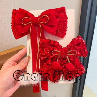 【ChainBaby】新年蝴蝶結頭飾髮夾兒童過年春節髮飾女童公主大紅色絲絨發卡夾子