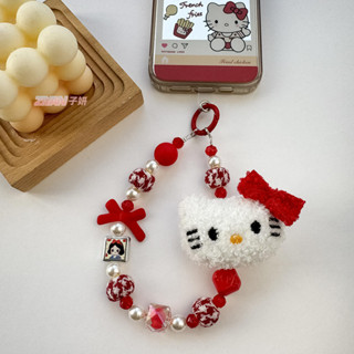 韓版熱銷** 秋冬毛絨 kt珍珠手機鏈 哈嘍hello kitty手機掛繩 包包掛飾 吊飾鏈子