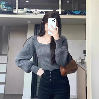 💕甜心大尺碼💕大尺碼法式復古泡泡袖漏鎖骨方領打底衫女胖MM洋氣炸街針織毛衣外穿
