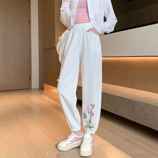 限時秒殺價 新中式白色運動褲女春夏季高腰顯瘦寬鬆衛褲國風盤扣刺繡休閒褲子
