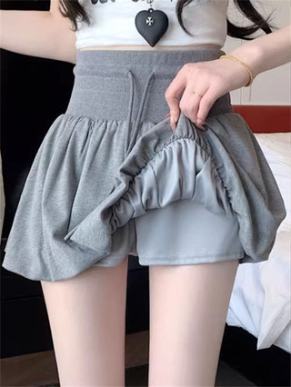 現貨 大碼休閒運動褲女 夏季灰色花苞裙女大碼高腰顯瘦蓬蓬半身裙微胖mm甜酷辣妹燈籠短裙