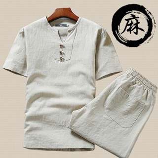 男士夏裝中國風大碼棉麻短袖短褲一套裝中老年棉麻衣服潮爸爸男裝