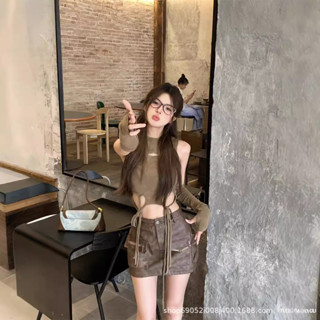 【K2aola女裝館】 卡其色破洞連帽T恤女夏季小眾別致美式辣妹系帶修身短款袖套上衣