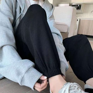 現貨 新品熱賣 女生束腳休閒運動棉褲 150斤加大尺碼春夏秋季華夫格運動褲女ins潮百搭潮流寬鬆闊腿束口褲
