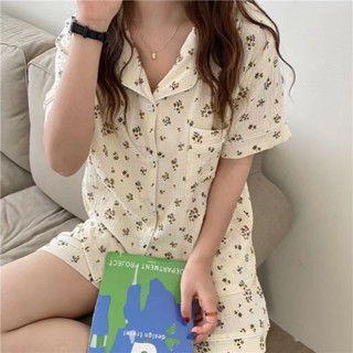 臺灣寄出♞♘♙ 超舒服️韓版甜美小碎花短袖睡衣 嬰兒棉感睡衣 女夏天短袖短褲居家服 舒適薄款網紗開衫睡衣 夏季居家服套裝