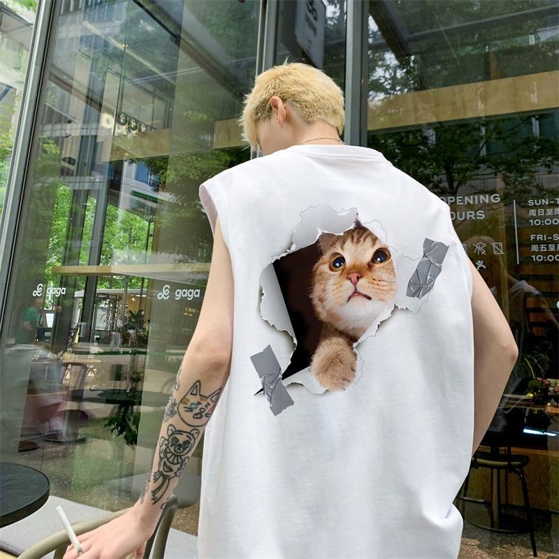 精選好物  純棉重磅破洞貓無袖背心男夏季新款潮流寬鬆運動休閒美式坎肩t卹