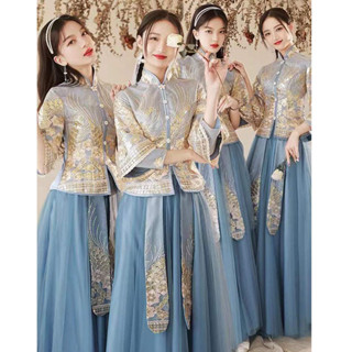 新款 禮服 婚禮 宴會 中式伴娘服夏季藍色中國風大尺碼婚禮結婚姐妹服伴娘團秀禾長袖禮服