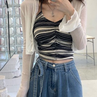 【高品質】現貨 條紋掛脖小可愛女夏短版緊身百搭上衣純欲辣妹內搭外穿吊帶防曬衫
