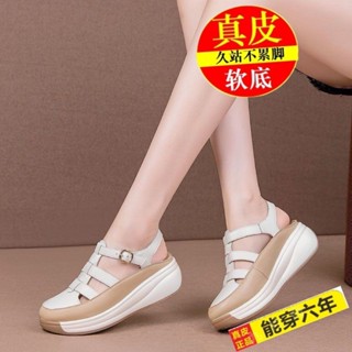 【Rebeka潮履臺】臺灣出貨 正品真皮涼鞋女2024夏新款包頭女鞋鬆糕底拼色一字帶扣涼鞋女