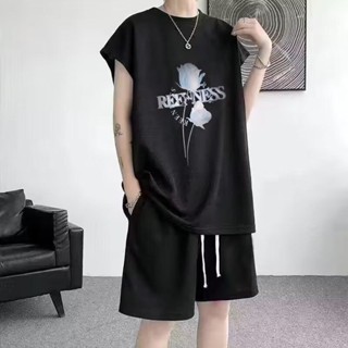現貨#短板上衣 夏季新款潮牌時尚帥氣冰絲華夫格套裝男士百搭無袖兩件套 男生衣著 免運