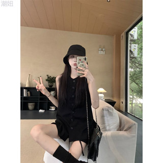 潮妞 寬鬆無袖背心上衣黑色套裝女夏季鬆緊腰寬版短褲休閒運動風兩件套