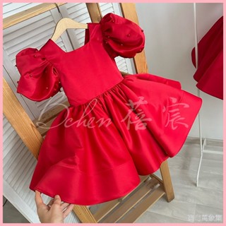 【寶島萬象集】現貨+預購 新款兒童禮服公主裙紅色鋼琴演奏禮服女童主持人生日周歲緞面禮服