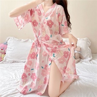 限時秒殺價 【柔軟面料】日式和服綁帶睡袍裙浴袍V領睡衣女春家居服夏款睡裙夏季浴衣短袖