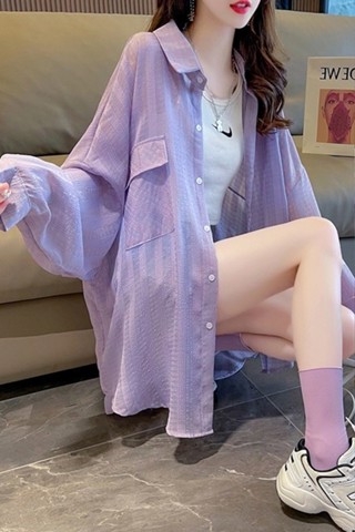 女生衣著 短版上衣 超仙透氣紫色防曬襯衫女夏天中長款寬鬆薄款長袖百搭小外套空調外套