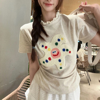 【桃園現貨⭐辣妹T袖】夏季新款 蕾絲拼接 卡通刺繡 短袖T恤女 設計感 修身顯瘦 短款上衣 休閒時尚