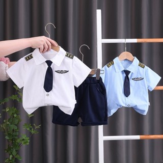 【臺灣 出貨】男童夏裝套裝 新款帥氣寶寶海軍服兩件套 兒童洋氣短袖夏季衣服 短褲 短袖 學院風 英倫風海軍校服 套裝
