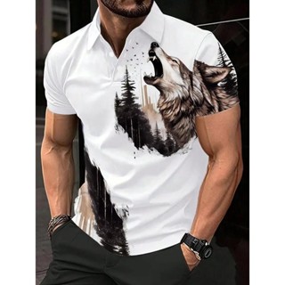 狼獅動物印花 3D 列印男士 Polo 衫時尚舒適高爾夫網球上衣夏季超大酷鈕扣服裝 2
