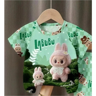 新款 Labubu 女童可愛 T 恤套裝卡通動漫圖案睡衣兒童時尚寬鬆短袖上衣 T 恤 2025 夏季