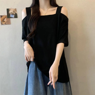 Susu蘇蘇.明天見一字領打底300斤大碼胖MM一字領露肩吊帶短袖T恤女夏季新款韓版寬松遮肉上衣