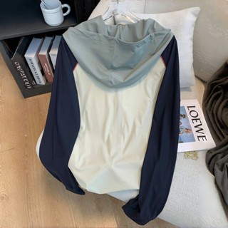 女生衣著防曬服 美式復古撞色拼接長袖立領短外套女夏新款緊身顯瘦防曬服上衣