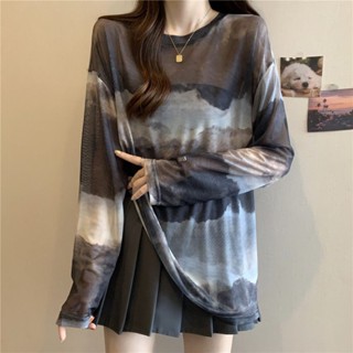 現貨 新品熱賣 女生長袖防曬罩衫 薄款冰絲長袖防曬罩衫女夏季大尺碼胖mm寬鬆顯瘦中長款扎染網紗上衣