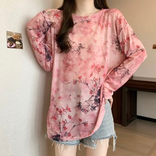 現貨 新品熱賣 女生個性扎染長袖上衣 大尺碼胖mm夏季新款寬鬆扎染微透網紗長袖t恤洋氣防曬衫薄款上衣女