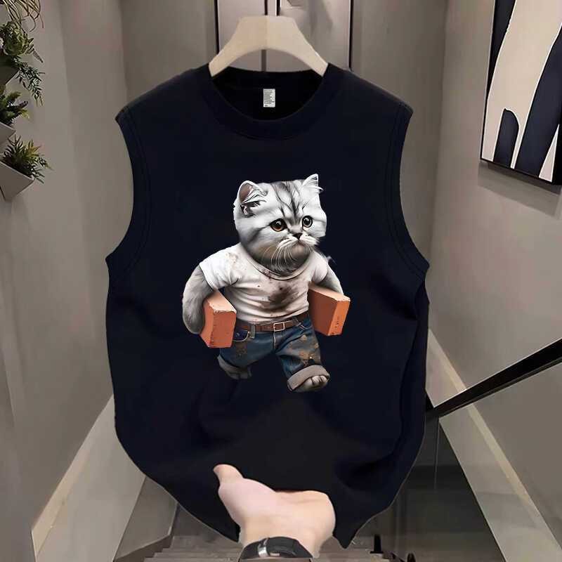 精選好物  夏季休閒時尚百搭背心男潮牌搞怪趣味貓咪印花無袖T卹男坎肩上衣