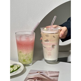 *免運到家& 法式ins英文印花高顏值吸管水杯早餐杯子大容量咖啡杯玻璃杯帶蓋