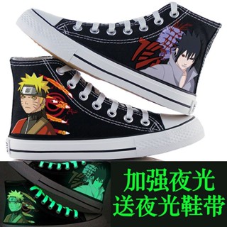 現貨 新品熱賣 學生情侶夜光帆布板鞋 帆布鞋男生夏季高幫動漫塗鴉黑色板鞋男夜光初中學生休閒百搭鞋子