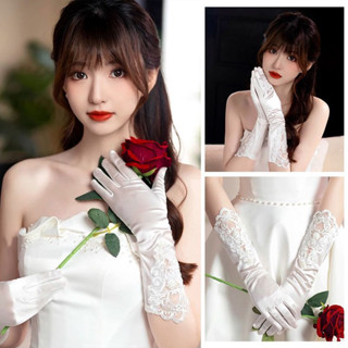 拍照攝影配件 新娘白色蕾絲綢緞手套 結婚緞面蝴蝶結婚紗禮服結婚配飾公主長手套