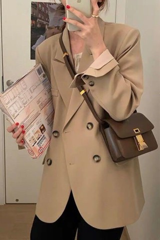 SN3 復古休閒小西裝外套女春秋季新款韓版寬鬆雙排扣收腰長袖西裝
