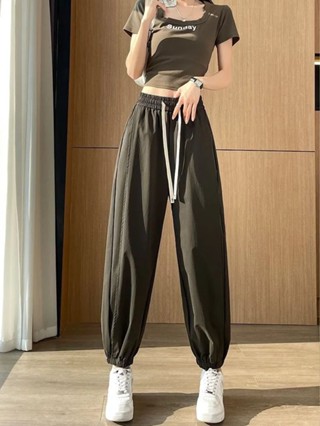現貨 新品熱賣 女生束腳休閒運動棉褲 小個子大尺碼夏季運動褲冰絲速乾褲寬鬆薄款哈倫束腳休閒燈籠褲子女