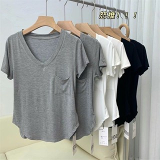 Susu蘇蘇.明天見 夏季新款垂墜感鎖骨短款T恤女韓版中長款打底衫休閒v領短袖上衣潮T恤/上衣/