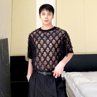 店鋪上新 四葉草鏤空蕾絲提花短袖 T恤 時尚男士性感雕花圓領上衣