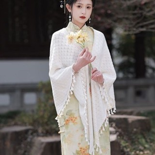 現貨 新品熱賣 女生復古仙女風短版針織披肩 流蘇披肩丨針織優雅蕾絲素色圍巾百搭旗袍配飾女外套復古氣質薄款
