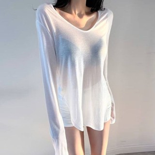 曉汐 M-3XL大碼防曬衫 性感V領 寬鬆 遮肉 薄款 休閒長袖 T恤女 防曬衫 上衣 大尺碼女生上衣 V領顯瘦長袖
