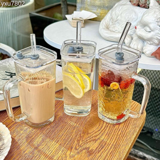 簡約ins風條紋玻璃杯帶把吸管直身方杯牛奶杯飲料杯奶昔杯咖啡杯