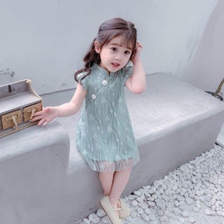 現貨 新品熱賣 女童古風仙女風洋裝 2021女童夏無袖洋裝漢服古箏蕾絲裙中國風寶寶表演服公主裙