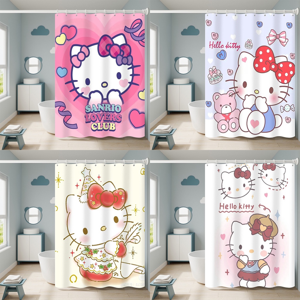三麗鷗 Hello Kitty 卡哇伊卡通浴簾浴室簾防水帶掛鉤動漫家居裝飾