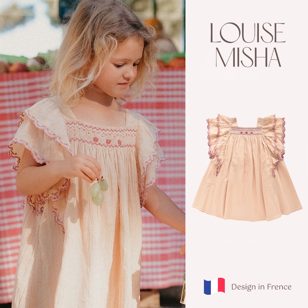 法國 Louise Misha 刺繡荷葉奶油洋裝 有機棉 法國設計 童裝 女孩套裝 連身裙 女童洋裝 氣質洋裝 女孩