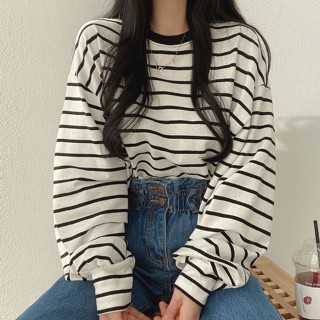 💕甜心大尺碼💕M-5XL 大尺碼上衣 大碼條紋長袖t恤女2023新款潮大碼春秋季韓版寬松ins設計感秋冬女裝