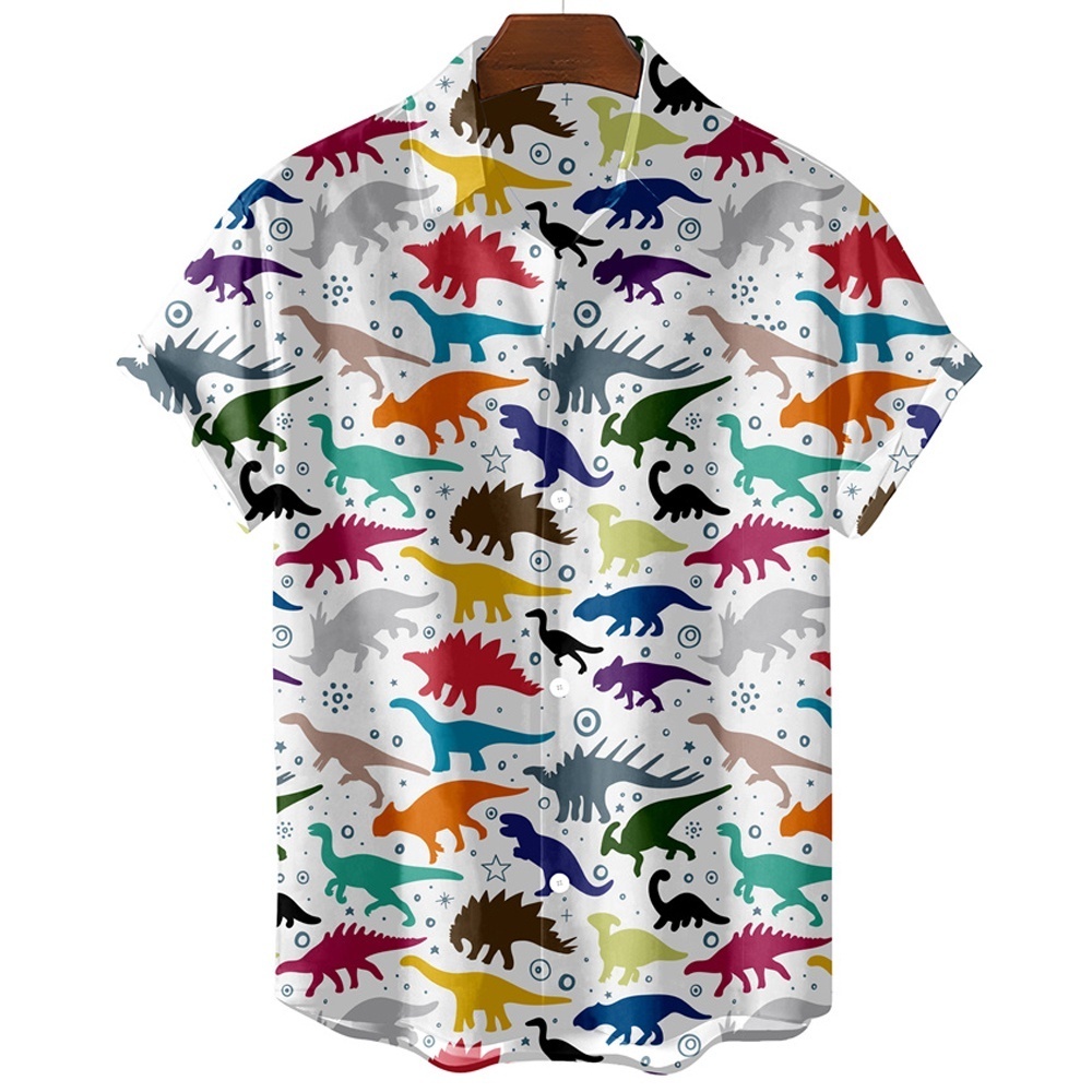 男士夏威夷襯衫 3d 動物恐龍卡米薩夏季短袖 T 恤上衣襯衫系扣休閒原宿街頭服飾