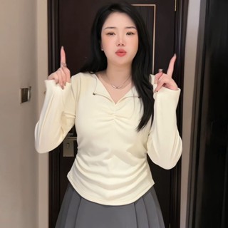 💕甜心大尺碼💕大尺碼設計感V領長袖打底衫女胖mm內搭秋冬微顯瘦百搭修身t恤上衣