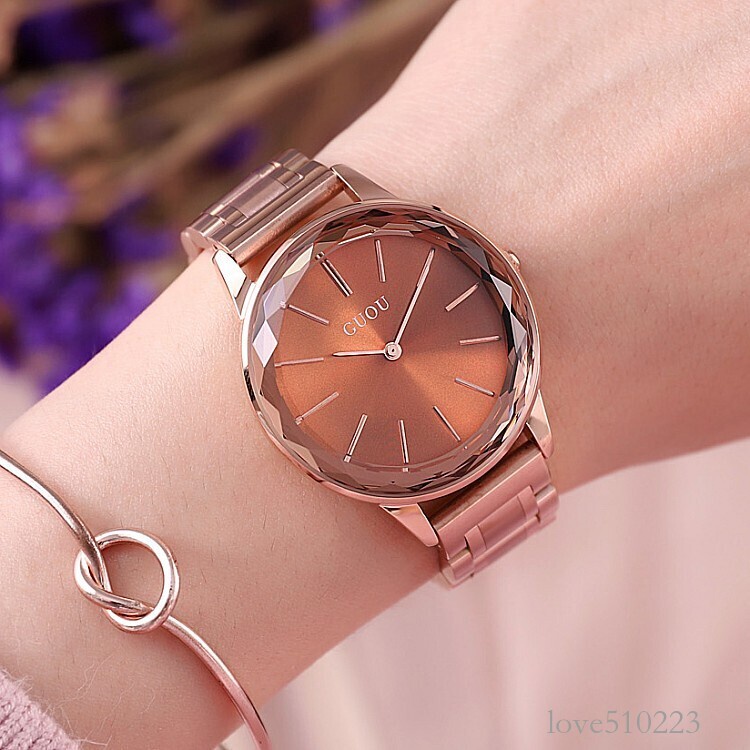 ⌚GUOU新款玫瑰金不銹鋼表帶菱形玻璃腕表女士手表時尚潮流個性女表 休閒時尚腕錶 百搭手錶女生