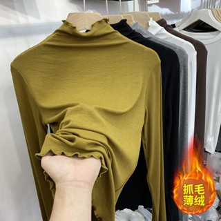 💕甜心大尺碼💕大尺碼長袖加絨打底衫胖mm秋冬螺紋彈力半高領磨毛內搭t恤上衣