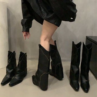 黑色鉚釘褲管靴短靴法式女靴百搭西部牛仔靴騎士靴小個子長靴