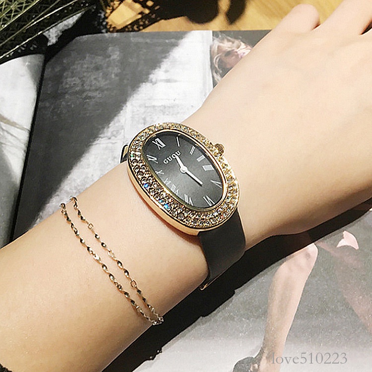 ⌚GUOU香港 個性 橢圓形潮流時尚 水鉆氣質女士 玫瑰金皮帶手表 休閒時尚腕錶 百搭手錶女生