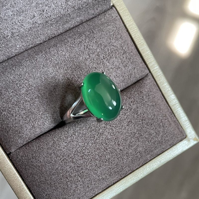 天然綠玉髓戒指女純銀鑲瑪瑙玉石開口大氣食指飾品母親節禮物